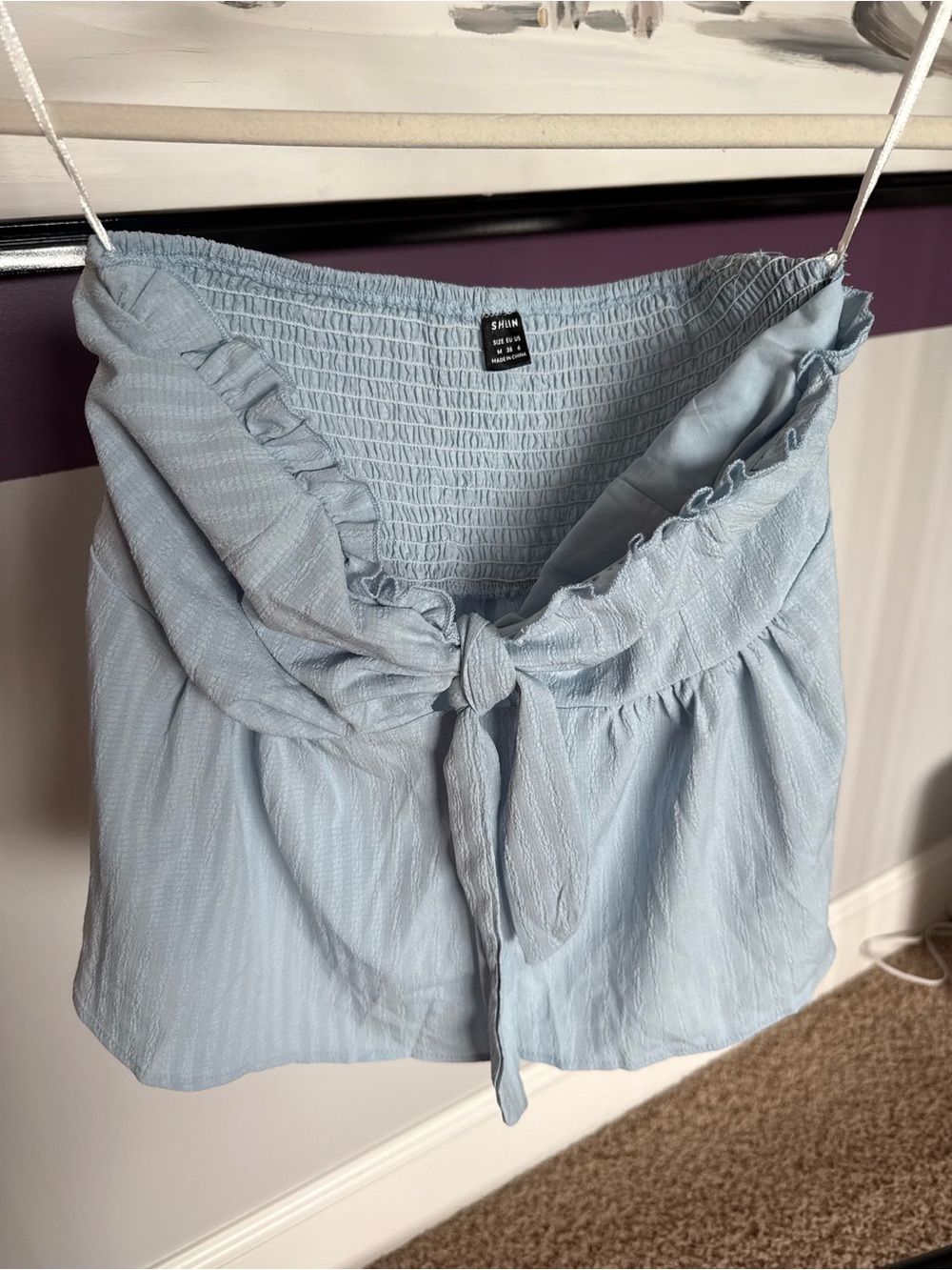 SHEIN Pale Blue Smocked Tie-Front Mini Skirt with Ruffle Trim